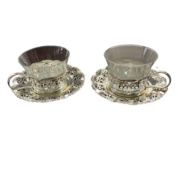 Vintage BMF West Germany  Silverplate  6 pc set of 2 tea cups & Saucers - Picture 1 of 13